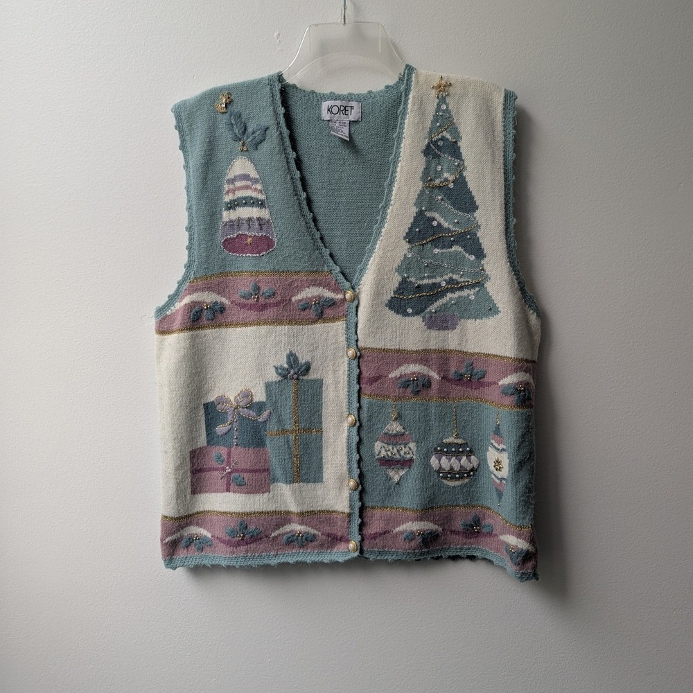 Vtg Sweater Vest Teal Pink Christmas Tree Ornament Holiday L Angel Pin Included